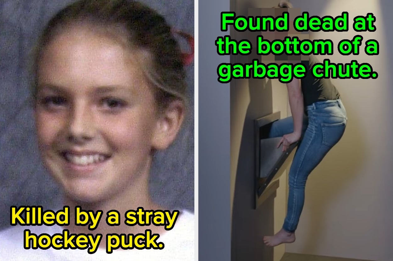 Child smiling next to text about being killed by a stray hockey puck. Adjacent photo shows person in jeans climbing into a garbage chute
