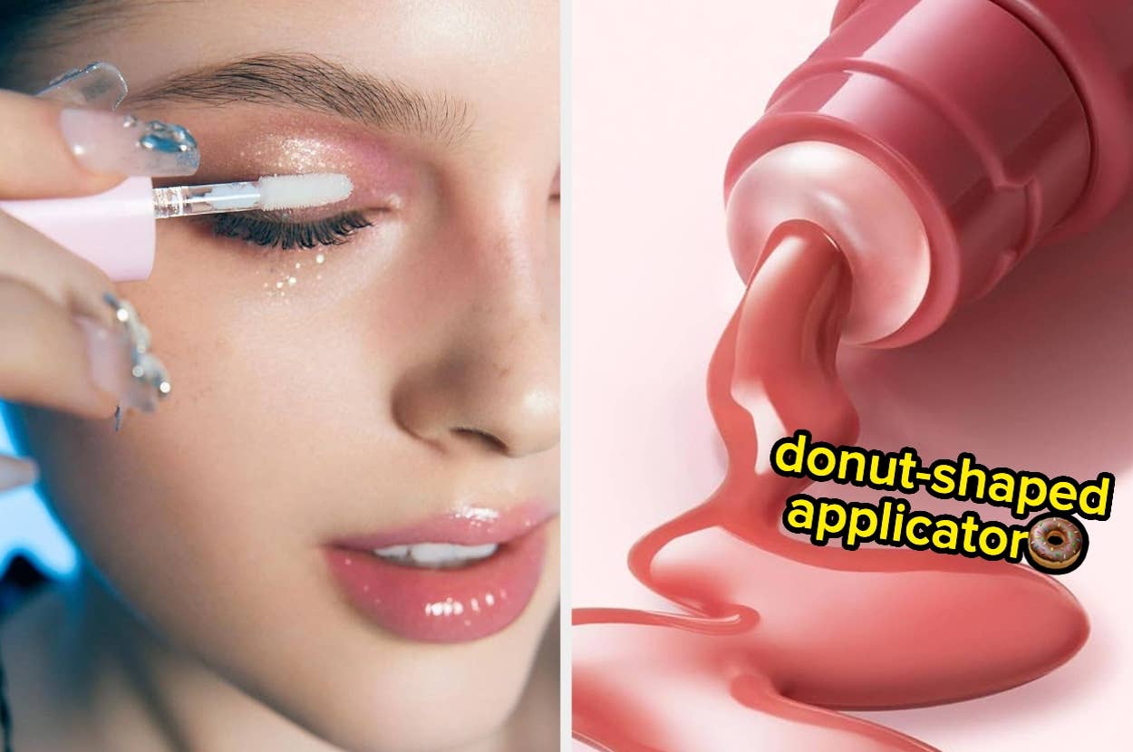 Close-up of a person applying shimmery pink eyeshadow next to an image of pink liquid makeup with a donut-shaped applicator