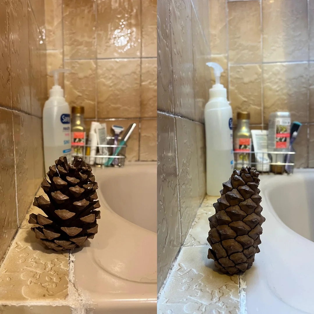 Two side-by-side images of a pinecone placed connected  a bath  countertop adjacent   toiletries, showing antithetic  angles
