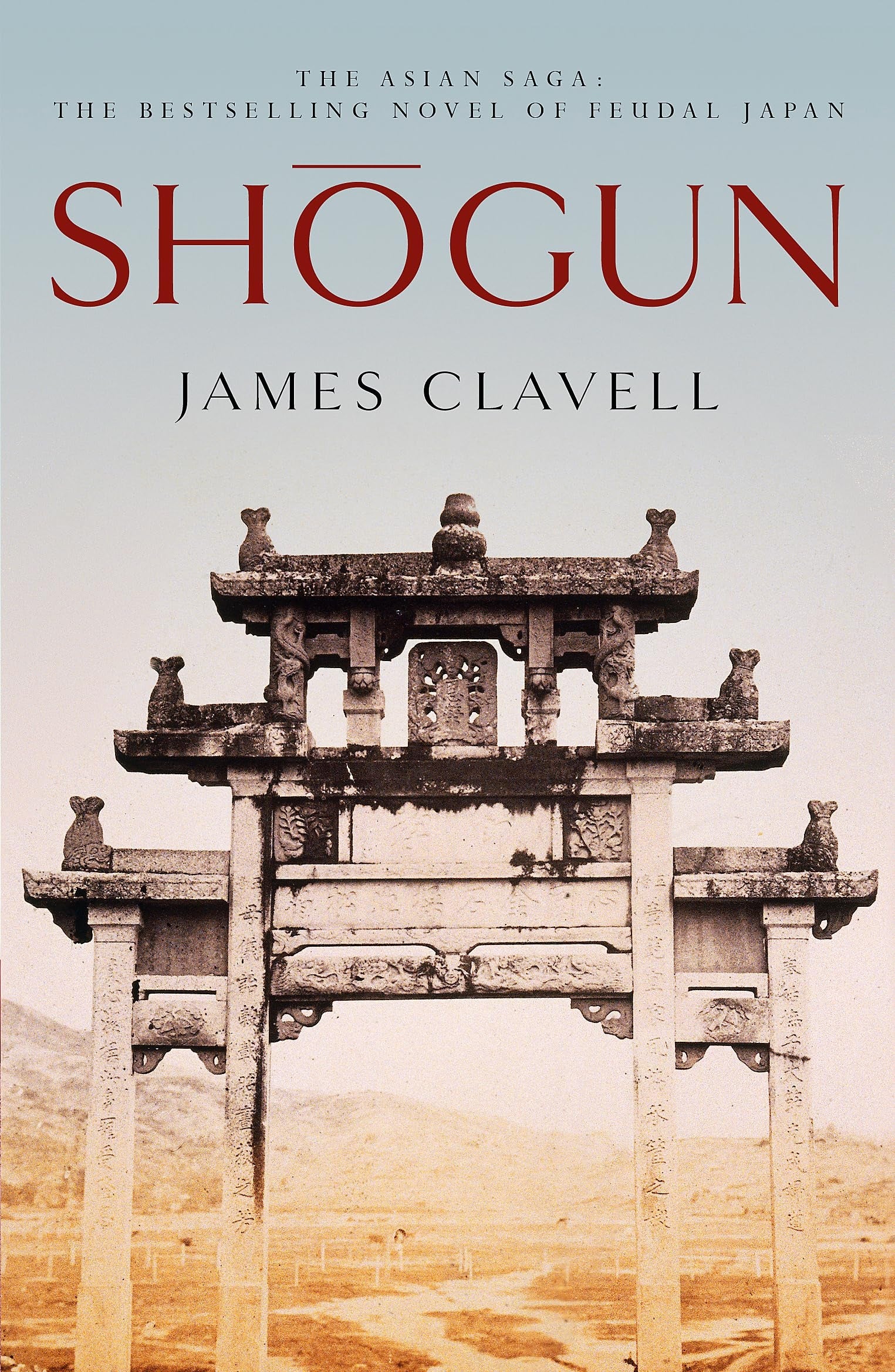 Book cover of "Shogun" by James Clavell, featuring a traditional Japanese gate, and the text highlighting it as a bestselling novel of feudal Japan