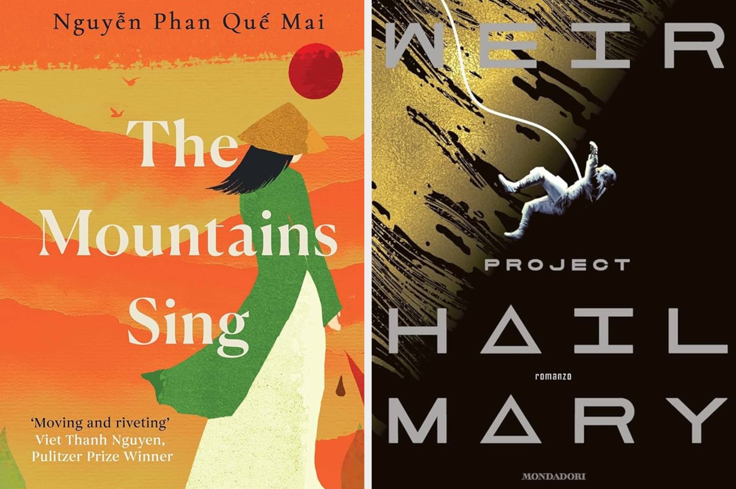The image shows book covers for "The Mountains Sing" by Nguyễn Phan Quế Mai and "Project Hail Mary" by Andy Weir
