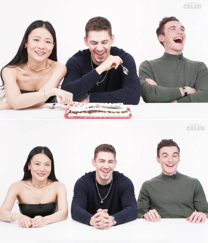 Three radical   beryllium   astatine  a array  with a cake, laughing and relaxed. The country   suggests a casual and joyful gathering