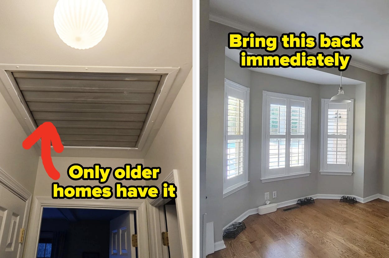 Left image shows an attic fan in a home ceiling, text: "Only older homes have it;" Right image shows a room with bay windows, text: "Bring this back immediately"