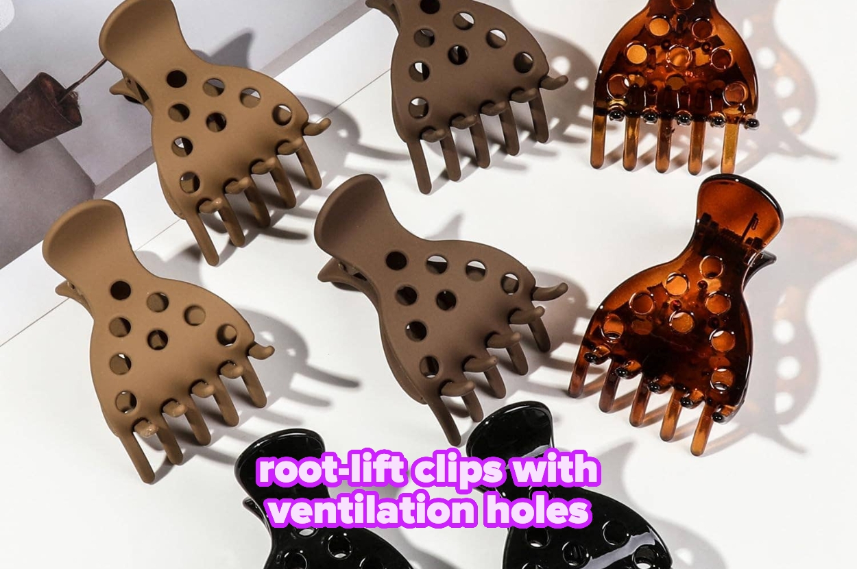 Assorted hair claw clips with ventilation holes, displayed on a surface. Text: "Root-lift clips with ventilation holes."