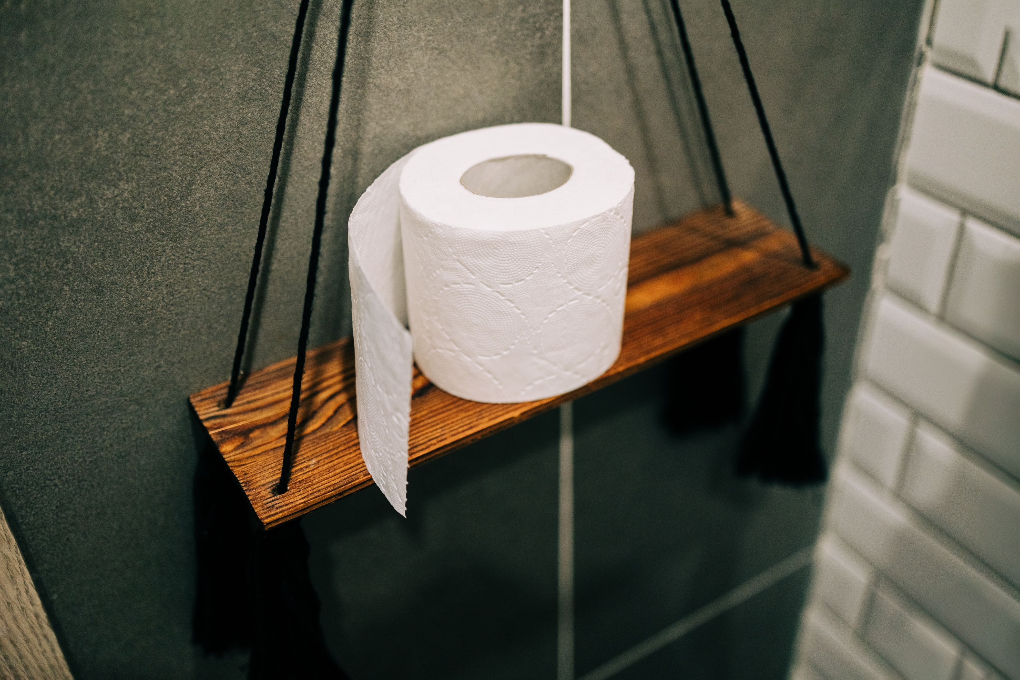 Toilet insubstantial  rotation  connected  a woody  support  suspended by ropes successful  a modern   benignant   bathroom