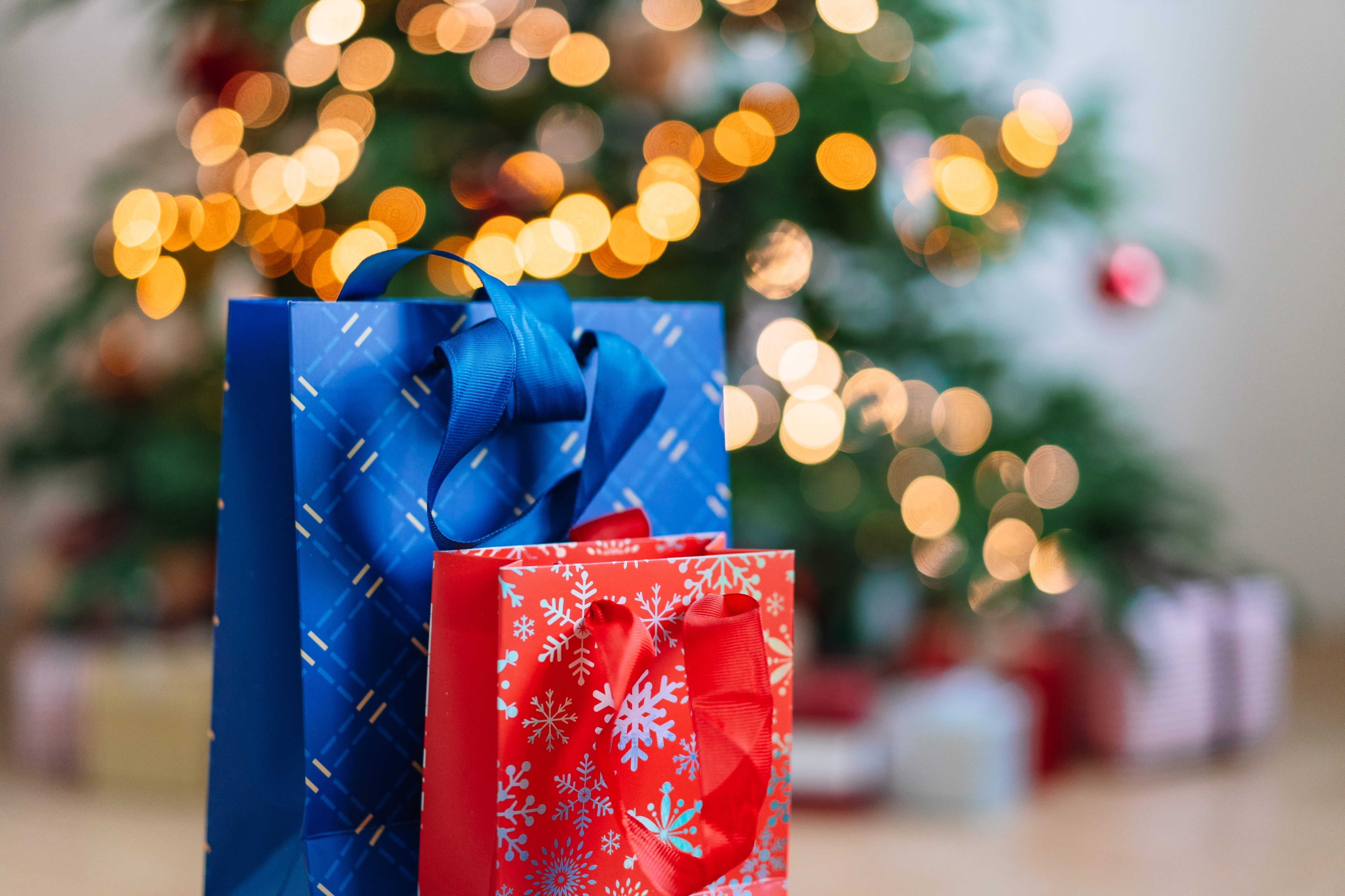 Two acquisition  bags with ribbons successful  beforehand   of a blurred Christmas tree, suggesting a festive oregon  vacation  buying  theme
