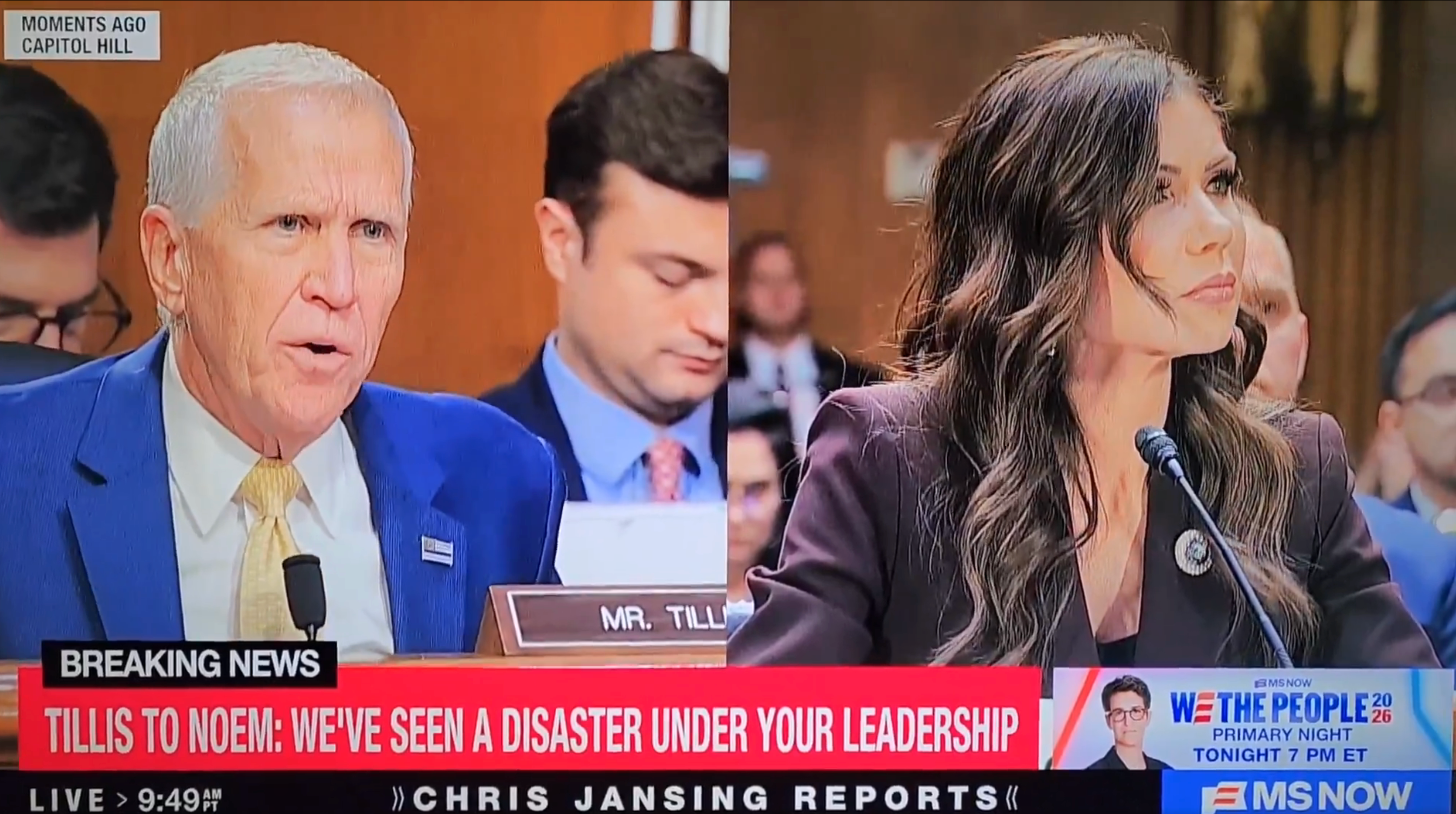 Split-screen representation of officials successful a hearing; banner substance discusses enactment issues