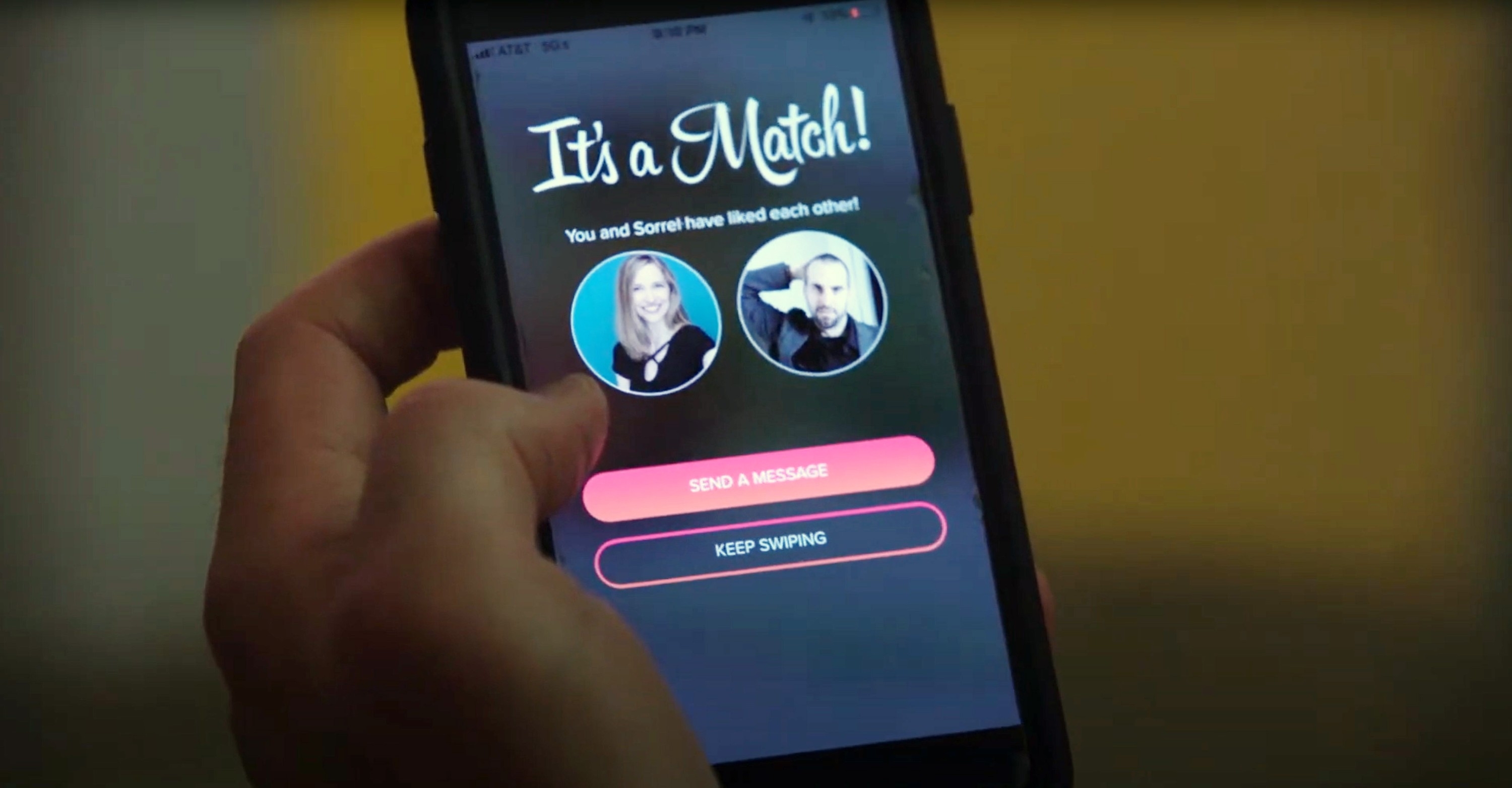 A phone screen displays a dating app with a match notification and options to message or keep swiping