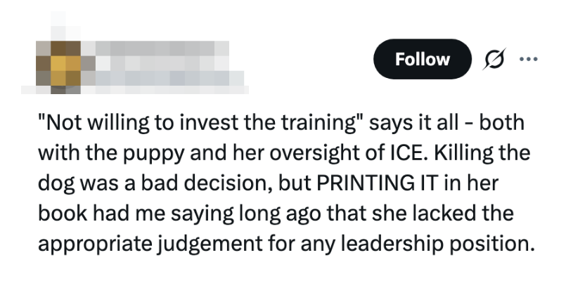 Text from a societal media station criticizing someone's decision-making and leadership, mentioning training, a dog, and a book