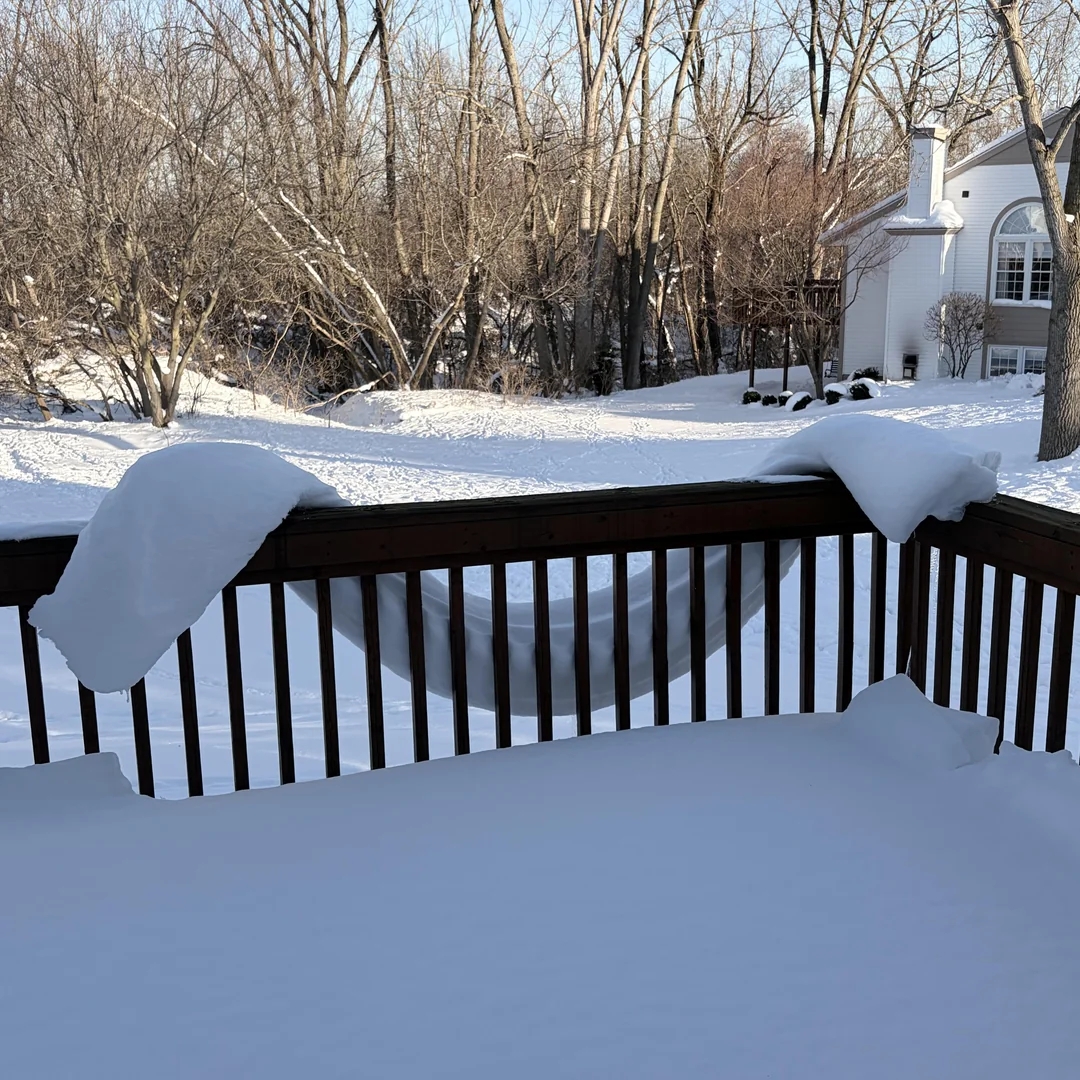 Snow-covered platform  overlooking a snowy backyard with bare trees and a location   successful  the background