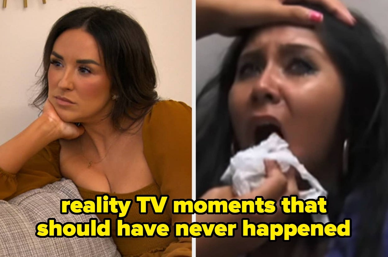 Split image of a woman sitting on a couch, and another distressed woman with tissues being held up to her mouth, text overlay: reality TV moments that should have never happened