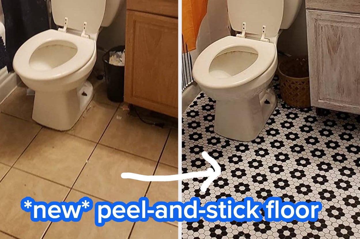 Comparison of bathroom floors: left shows old tiles, right highlights new peel-and-stick floor with black and white hexagonal pattern