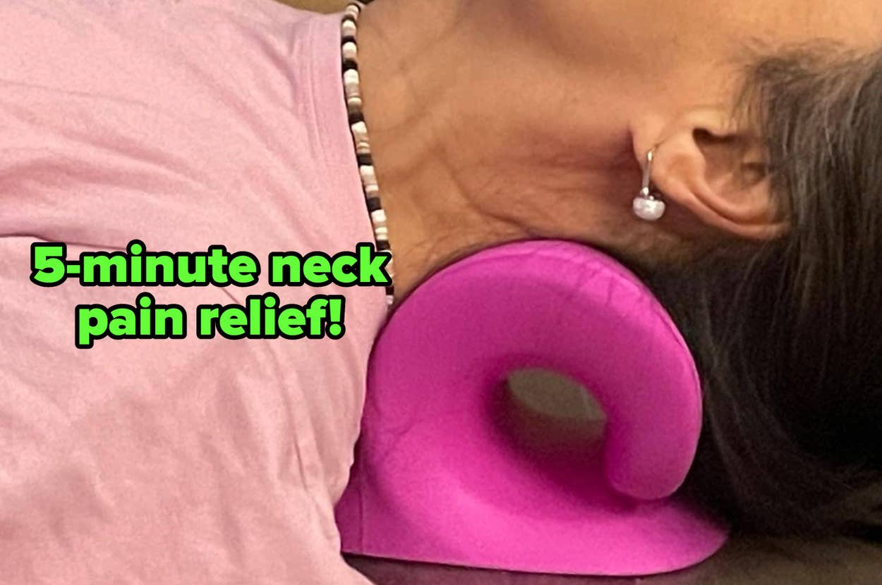 Person using a pink neck support pillow for quick pain relief. Text overlay reads: "5-minute neck pain relief!"