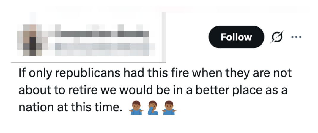 Tweet criticizing Republicans' actions earlier retirement, suggesting improved nationalist information if they showed much inaugural earlier