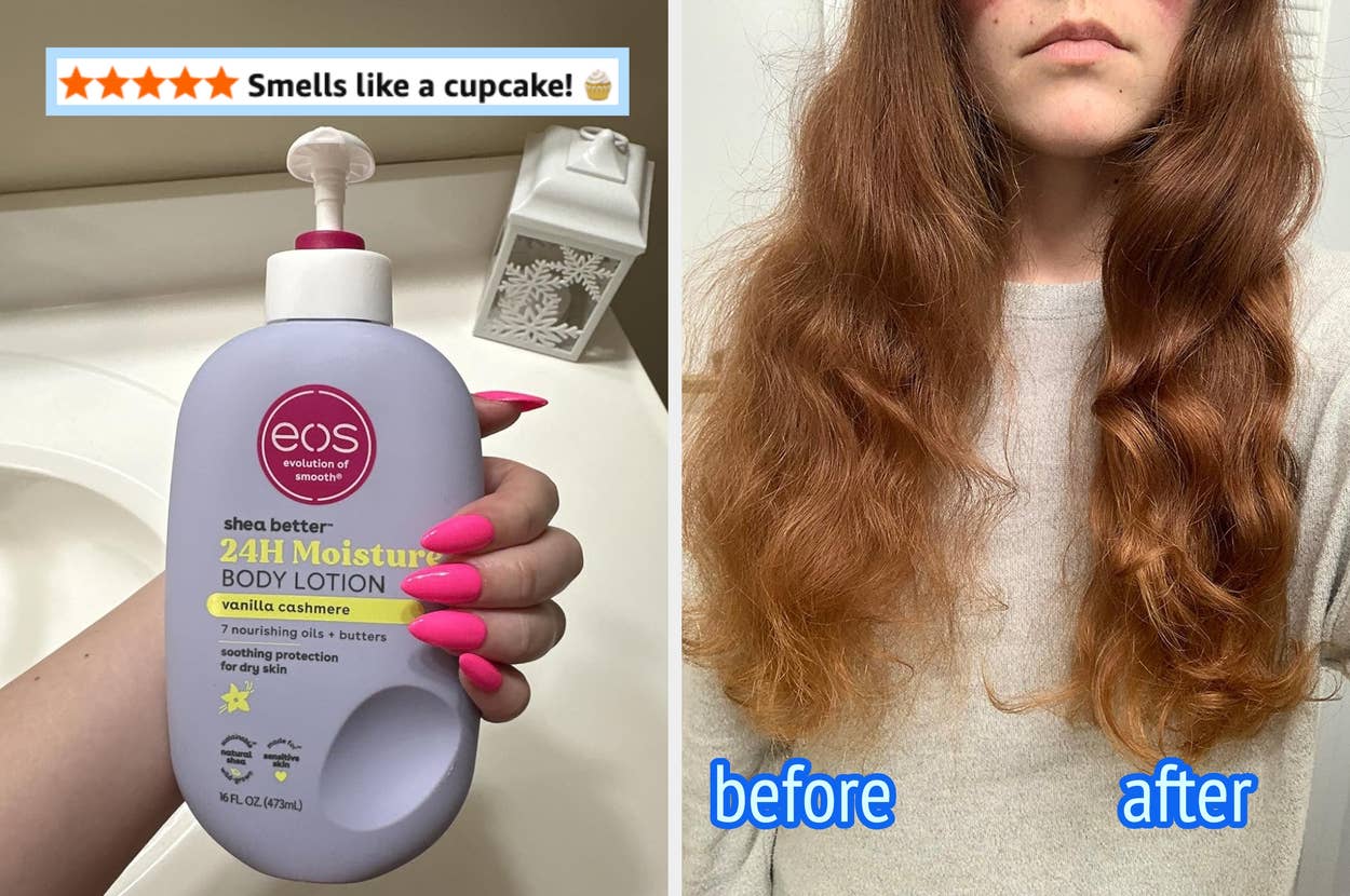 Person holding a bottle of EOS vanilla cashmere lotion; comparison of long, wavy hair before and after using the product
