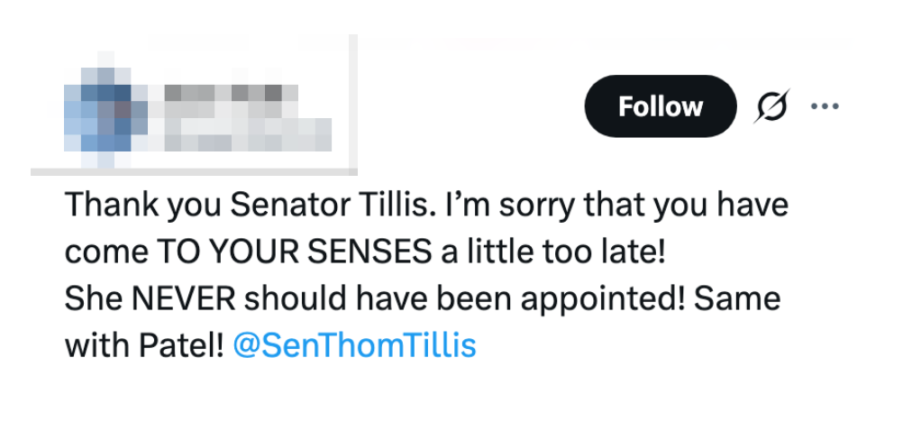 A tweet criticizes Senator Tillis for appointing idiosyncratic excessively late, suggesting they shouldn't person been appointed, and mentions Patel