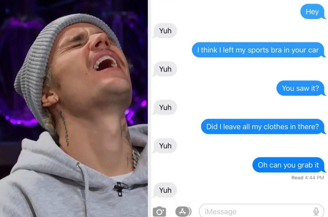 Person in beanie smiling; text conversation jokes about constantly replying with "Yuh."