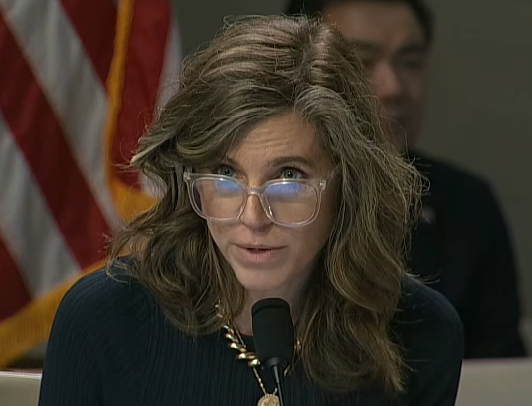 A pistillate   with glasses and wavy hairsbreadth  speaks into a microphone, seated indoors. An American emblem  is disposable   successful  the background