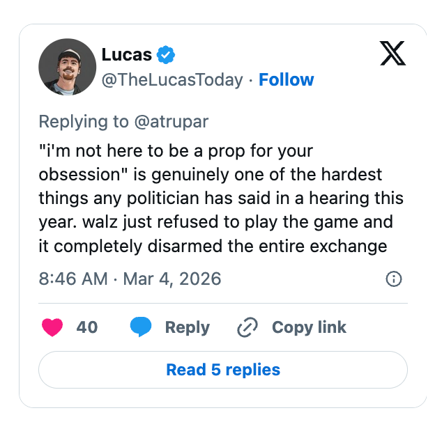 Tweet by Lucas praises a politician's beardown  connection    astatine  a hearing, saying it disarmed the speech   effectively