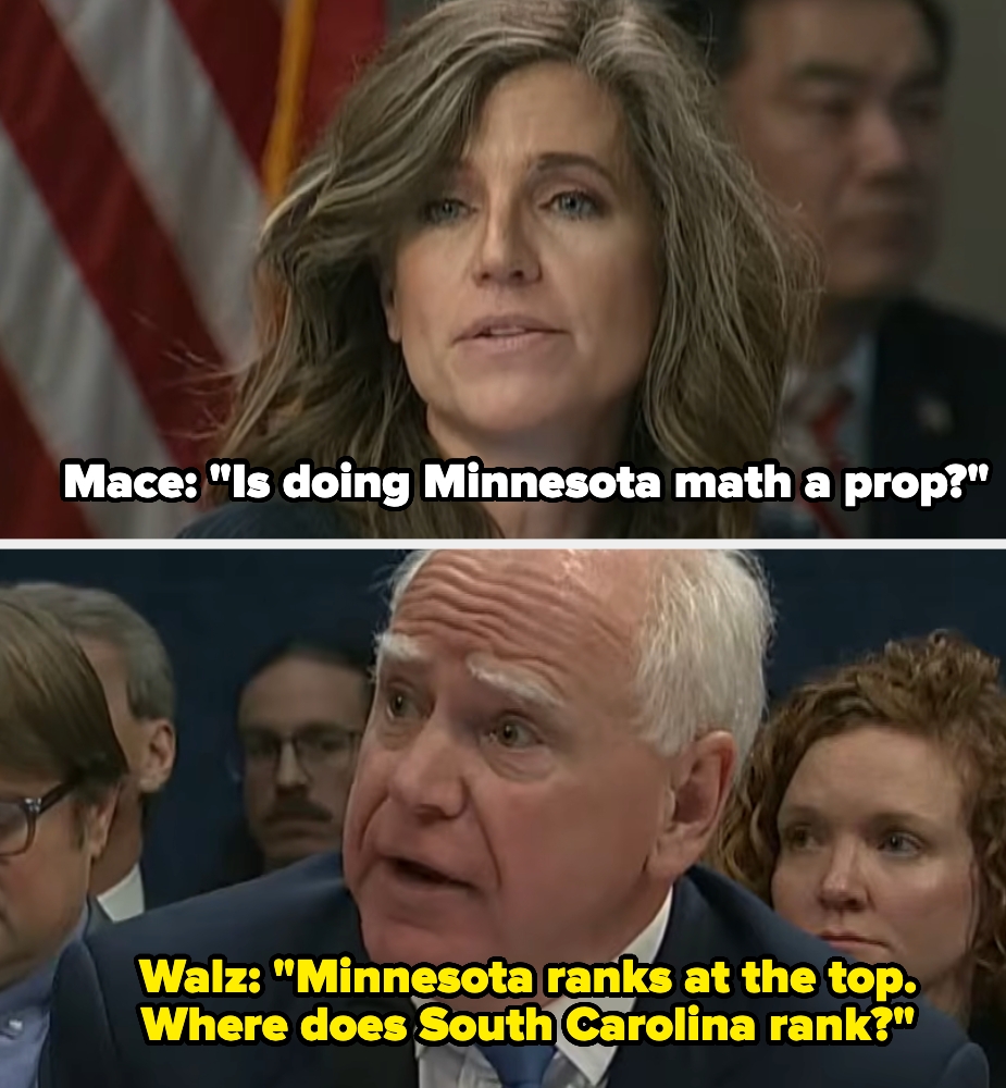  Top shows Mace questioning Minnesota math; bottommost  shows Walz responding, noting Minnesota's precocious   fertile  compared to South Carolina