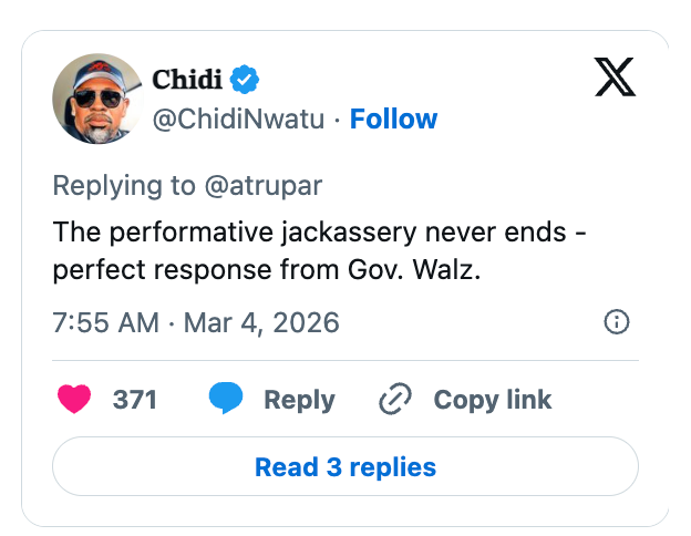 Social media station  by Chidi, praising Gov. Walz's response. The station  has 371 likes and includes options to reply, transcript  link, and work   3 replies