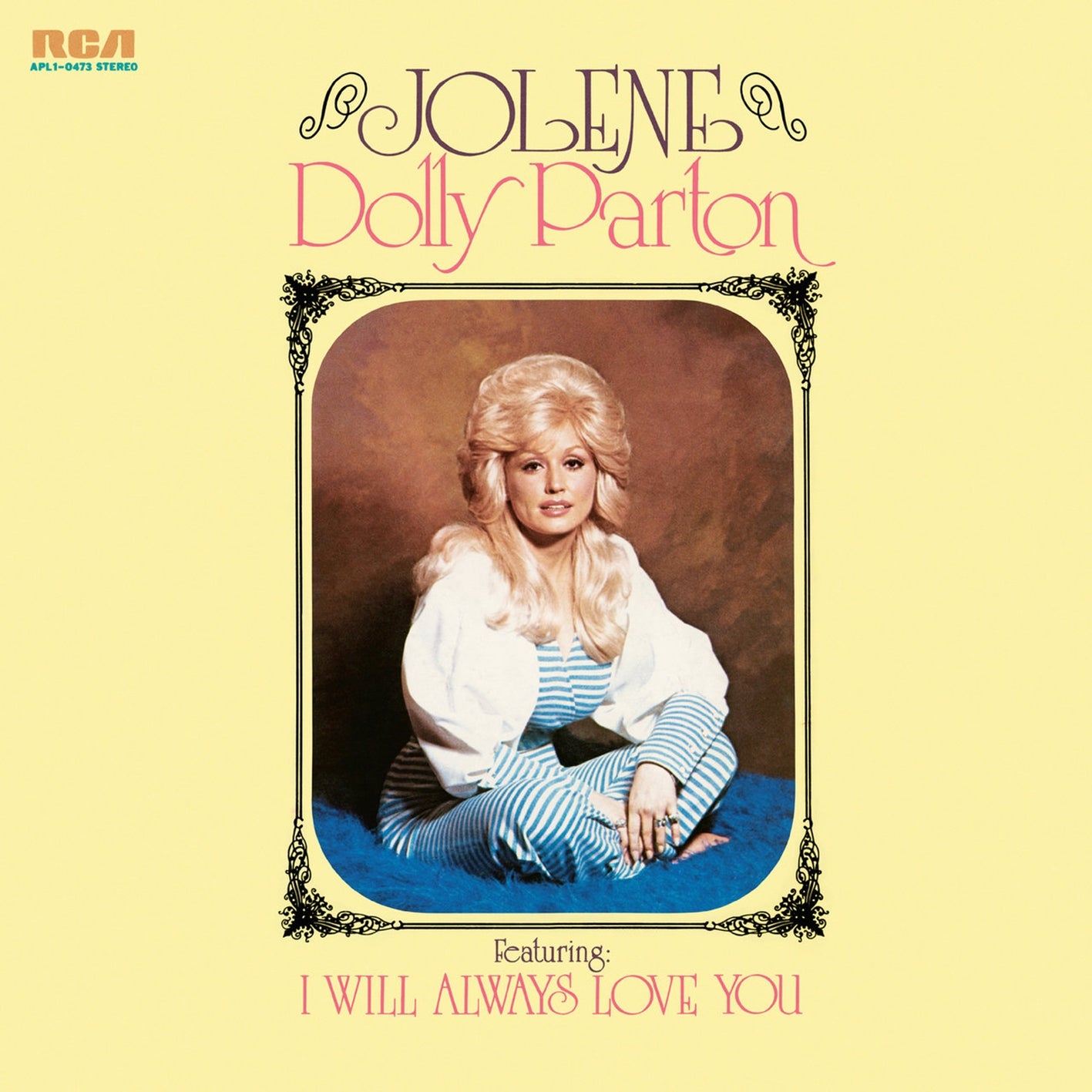 Dolly Parton on an album cover wearing a striped blouse, seated, with album title "Jolene" and "I Will Always Love You" on display
