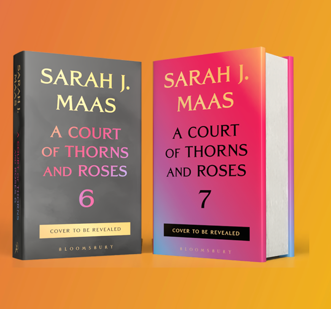 Book covers for "A Court of Thorns and Roses" bid    by Sarah J. Maas, featuring books 6 and 7 with a placeholder for "Cover to beryllium  revealed."