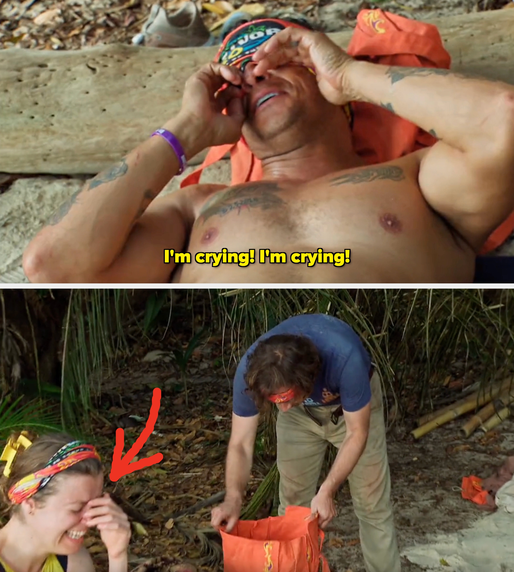 A shirtless idiosyncratic   outdoors rubs their eyes portion    lying connected  a log, with a colorful bandana and disposable   tattoos