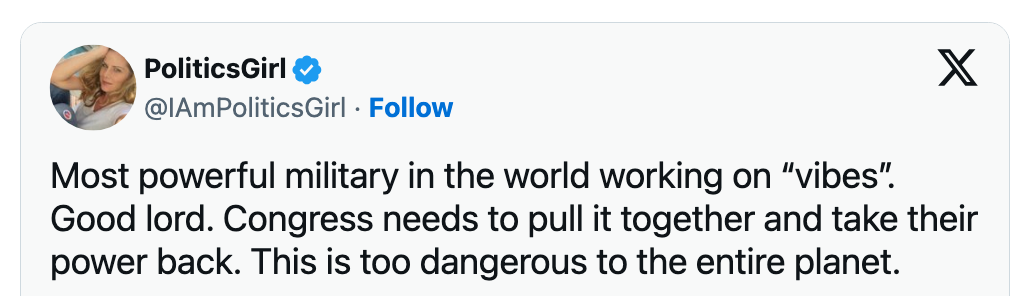 Tweet by PoliticsGirl criticizing Congress for lacking control over the military, calling it dangerous for the planet