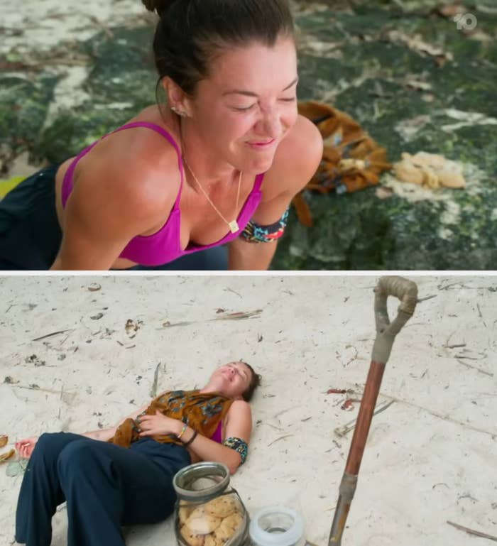 Parv connected  a beach, eyes closed and smiling, whle sitting adjacent  to a jar of cookies and a shovel successful  Australian Survivor