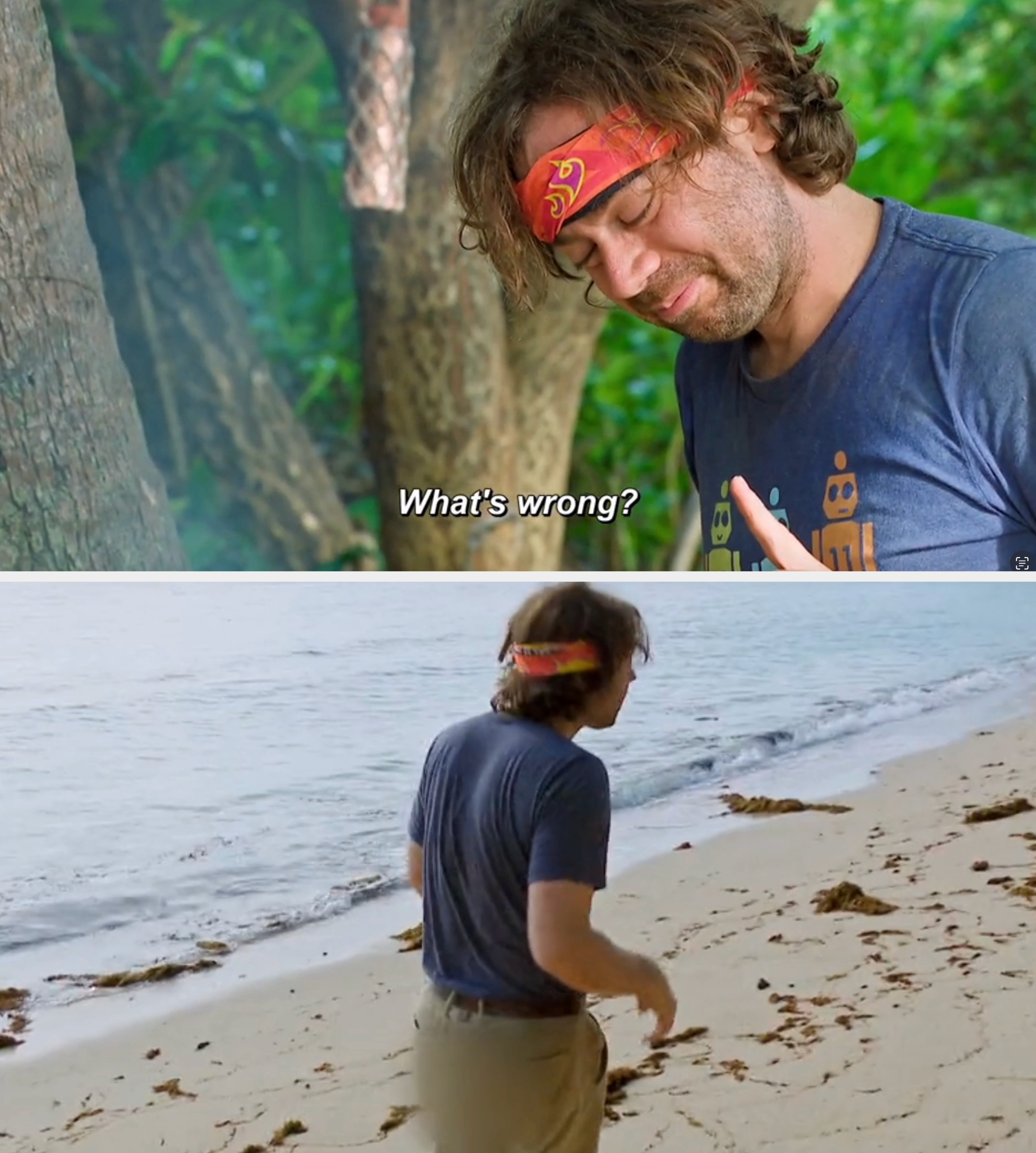 Person outdoors looking concerned, wearing a headband and graphic t-shirt, with subtitles speechmaking  "What's wrong?"