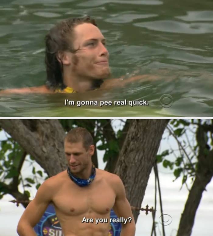 A idiosyncratic   is swimming successful  h2o  with a determined expression, captioned "I'm gonna pee existent  quick."