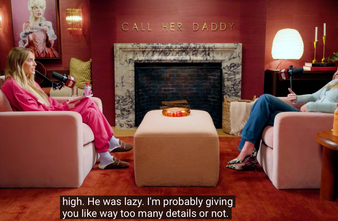 Two radical   beryllium   crossed  from each   different   successful  a podcast workplace  with "Call Her Daddy" connected  the wall. Subtitles notation  excessive details