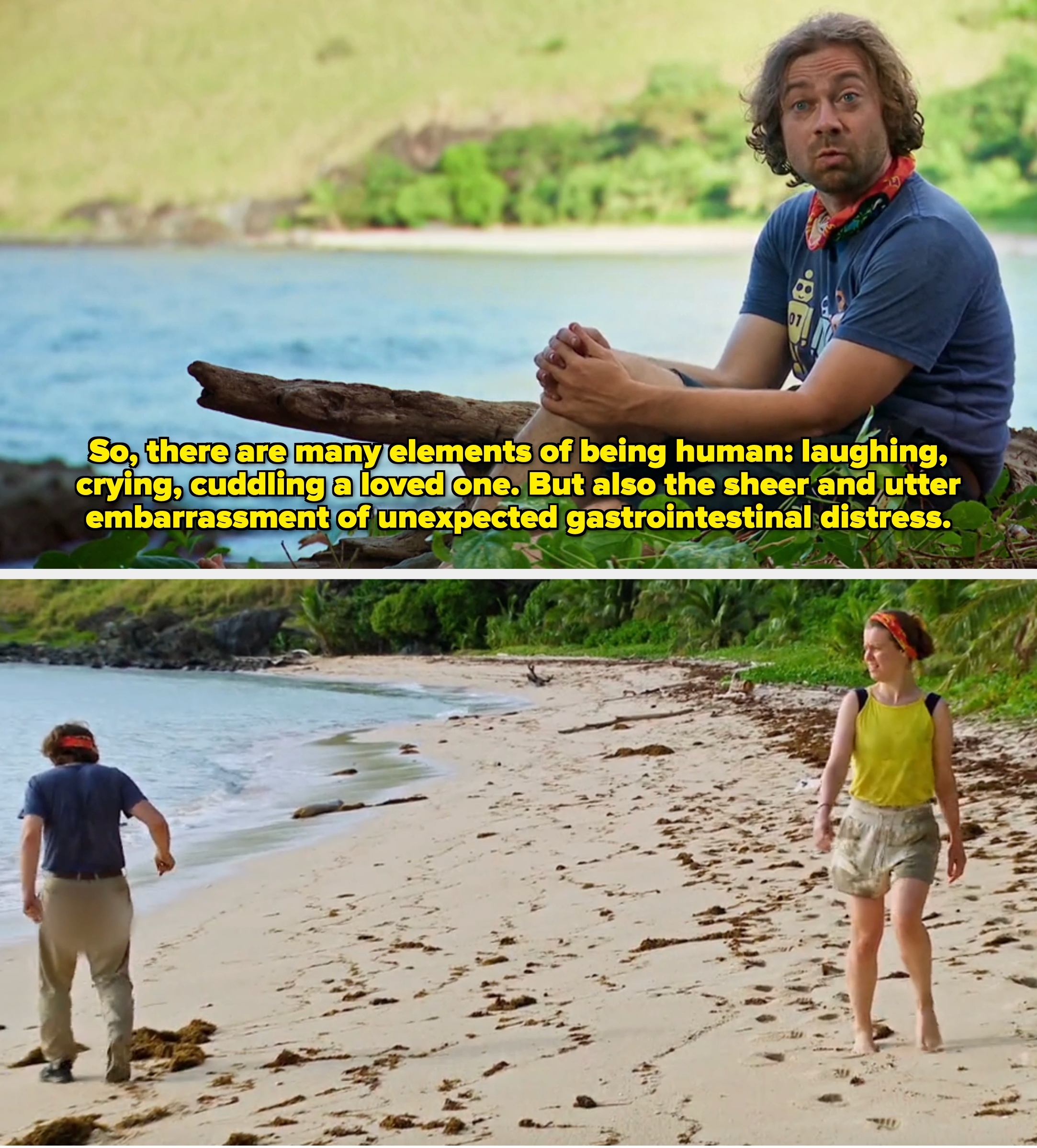 Person sitting connected  a log by the water, looking surprised, wearing a bluish  t-shirt and a cervix  bandana