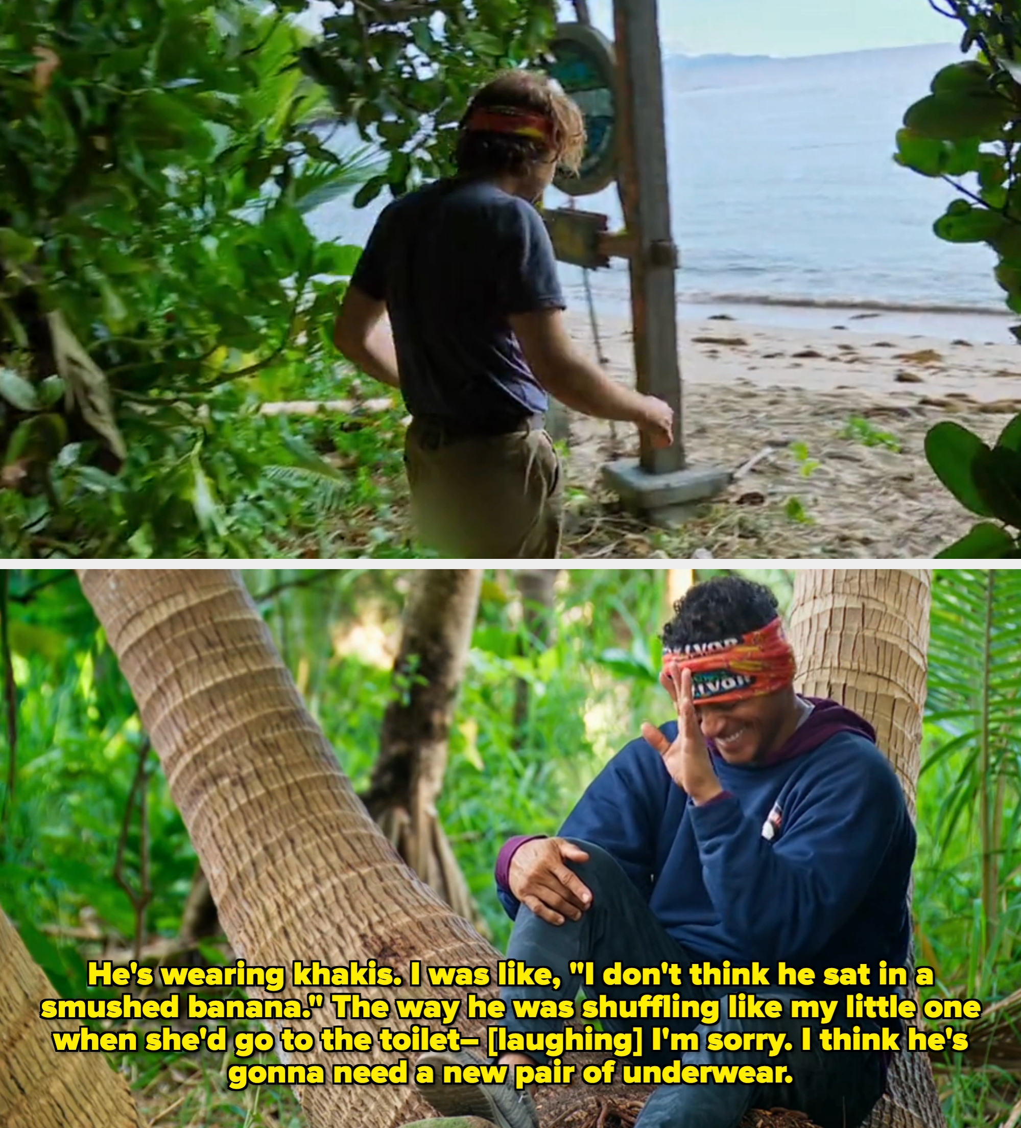 Person with headband walking connected  a tropical formation  way  surrounded by lush vegetation, heading towards the shoreline