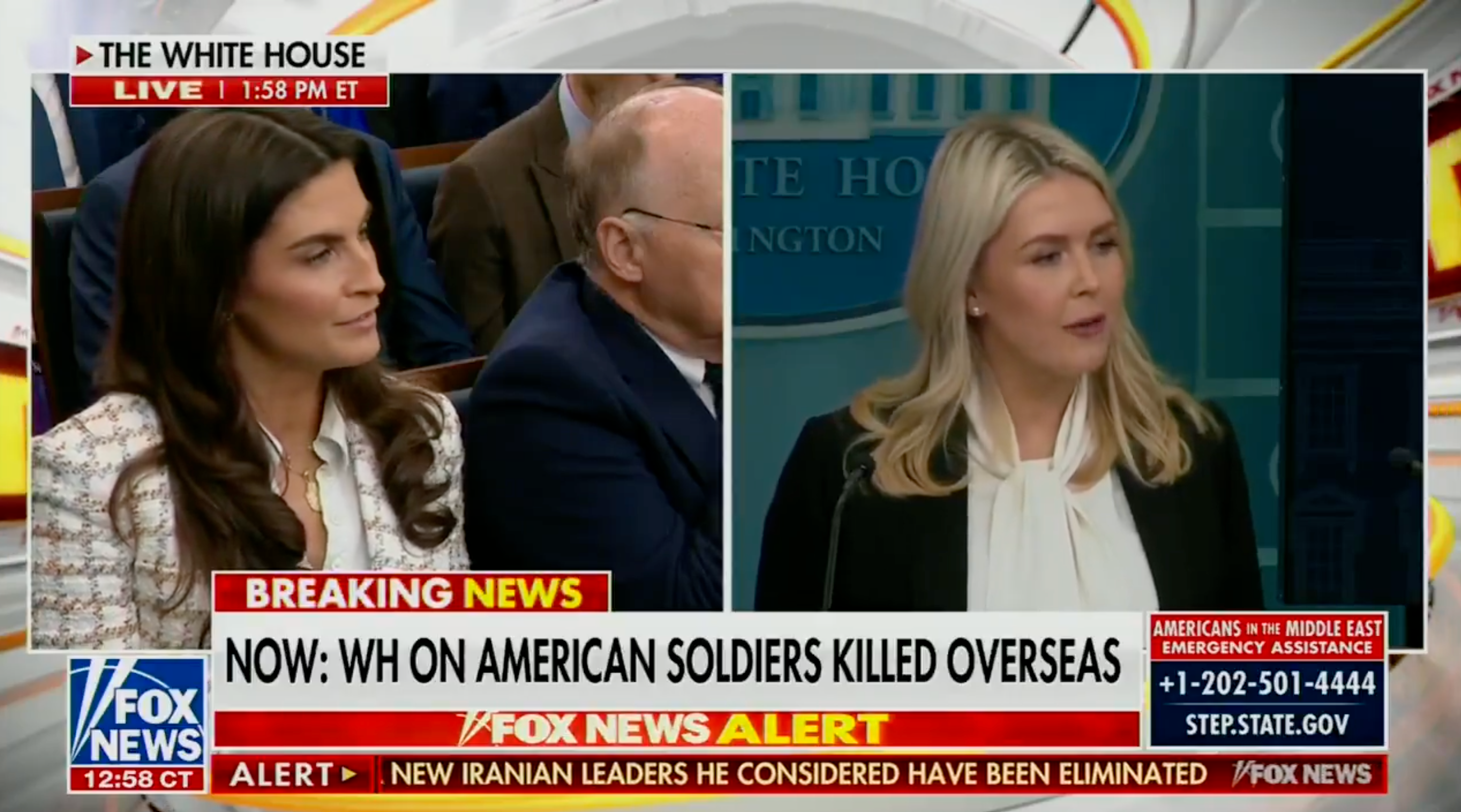 Two women talk  astatine  a White House property   conference, discussing American soldiers killed overseas. Breaking quality    banner displayed connected  the screen