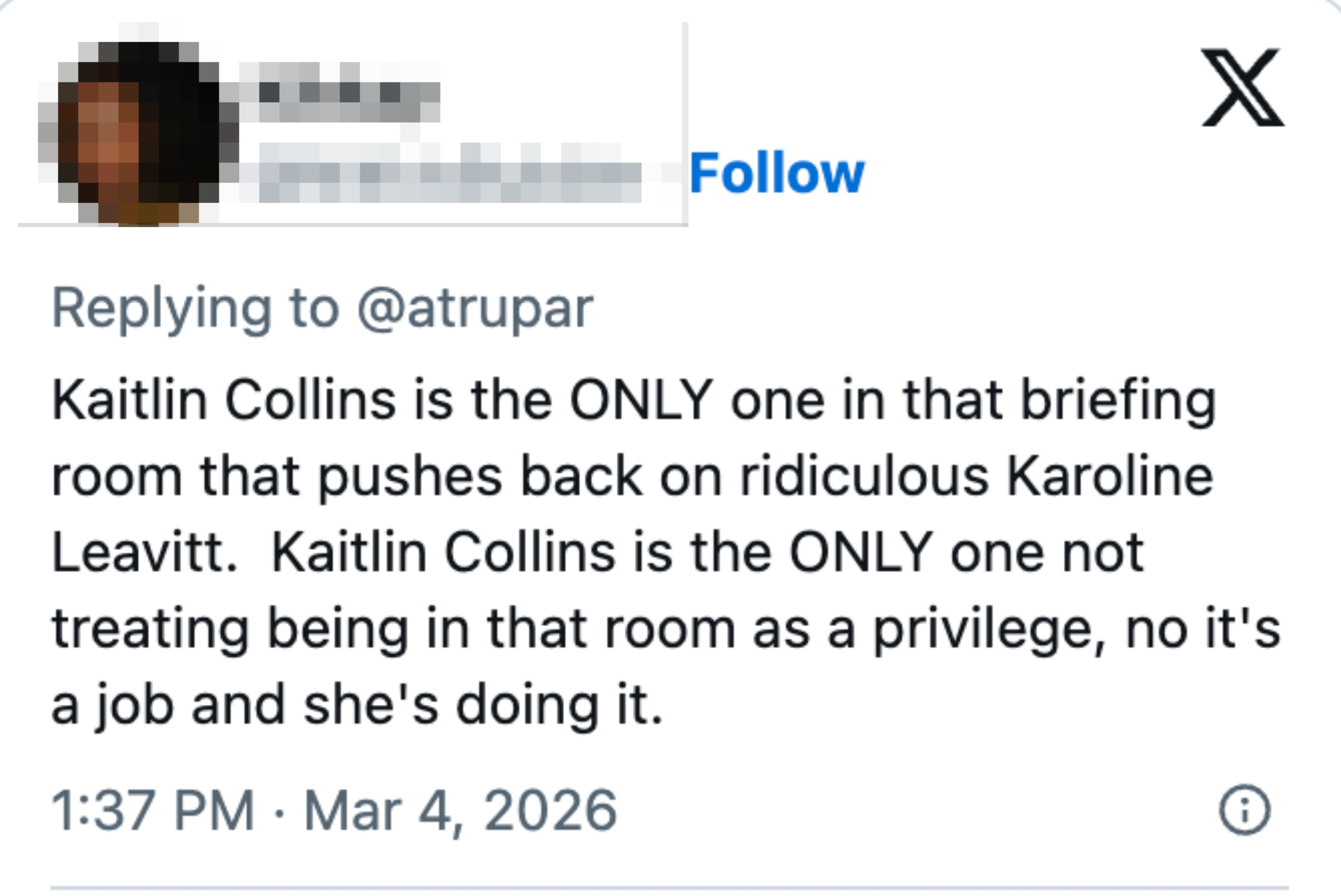 Tweet by Kikkay praising Kaitlin Collins for challenging Karoline Leavitt successful  a briefing room