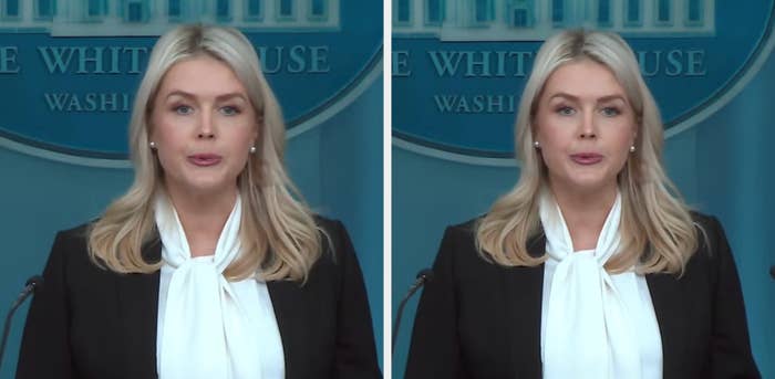 Person at a podium in a press briefing room, wearing a white blouse and black blazer, speaking in front of a background with a seal