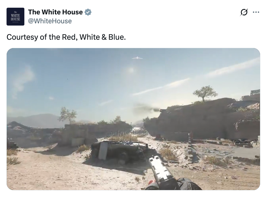 Tweet from The White House featuring a war-themed video crippled  scene, referencing patriotism