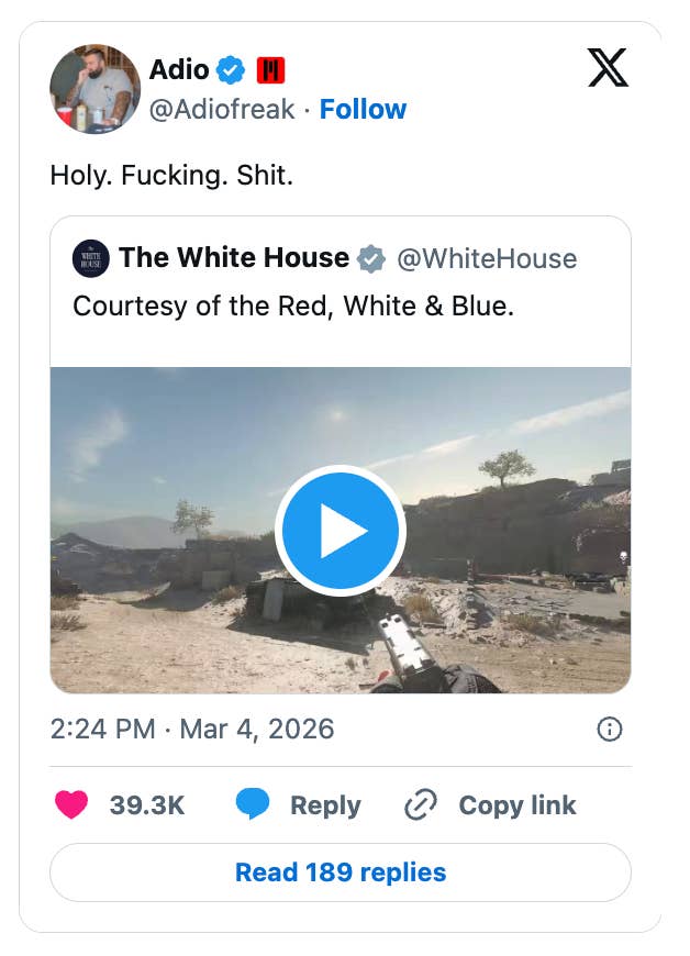 Social media station  showing a video from the White House with a battlefield country   and a caption expressing surprise