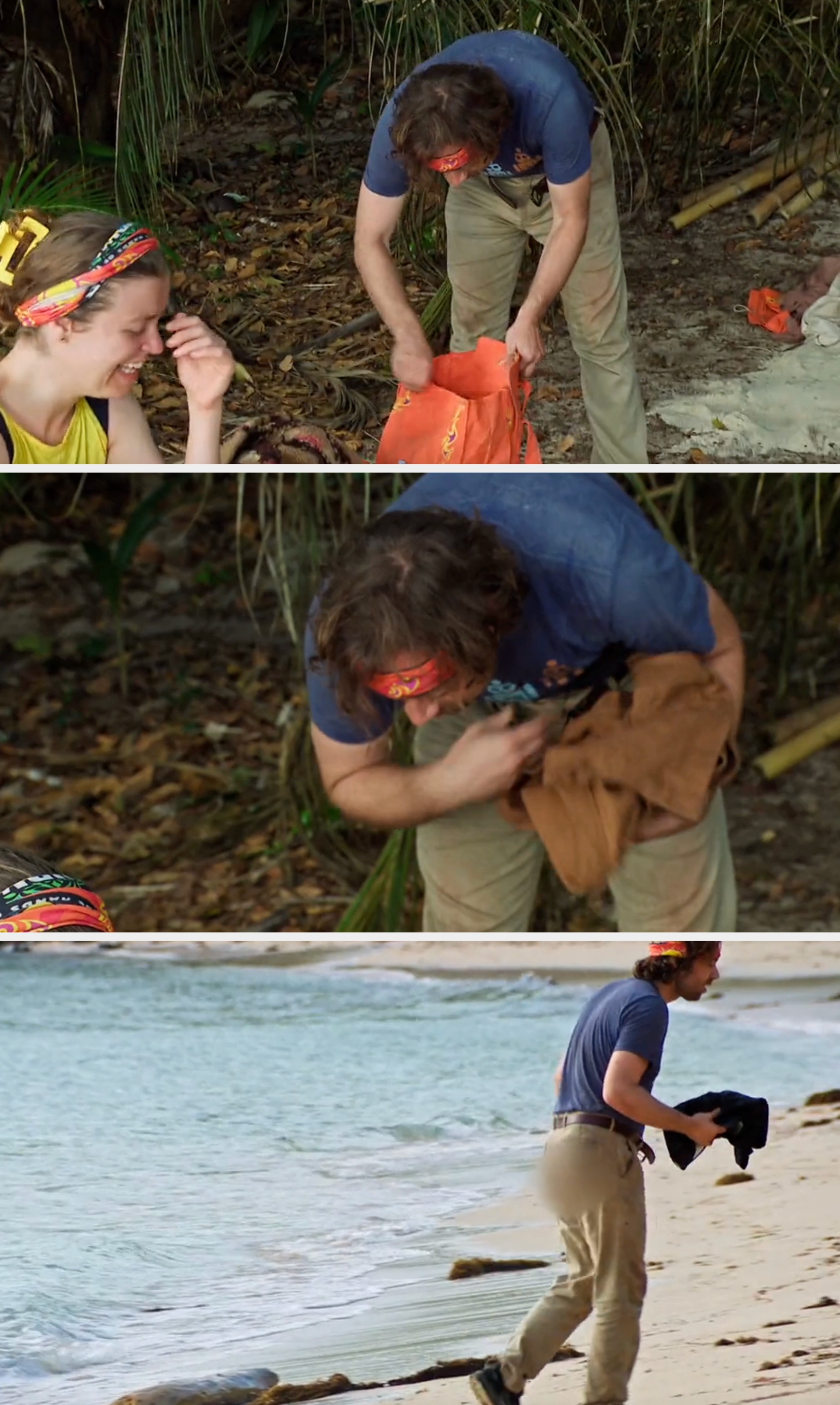 Two radical   connected  a tropical beach. One, seated and smiling, wears a headband and vessel  top. The other, standing, is packing an orangish  bag. Both look  relaxed