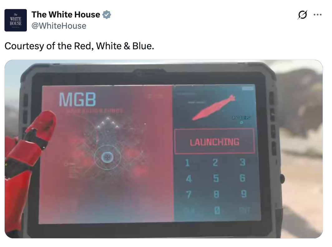 A screenshot from The White House's tweet shows a tablet surface  displaying a motorboat  series  for a rocket  labeled MGB