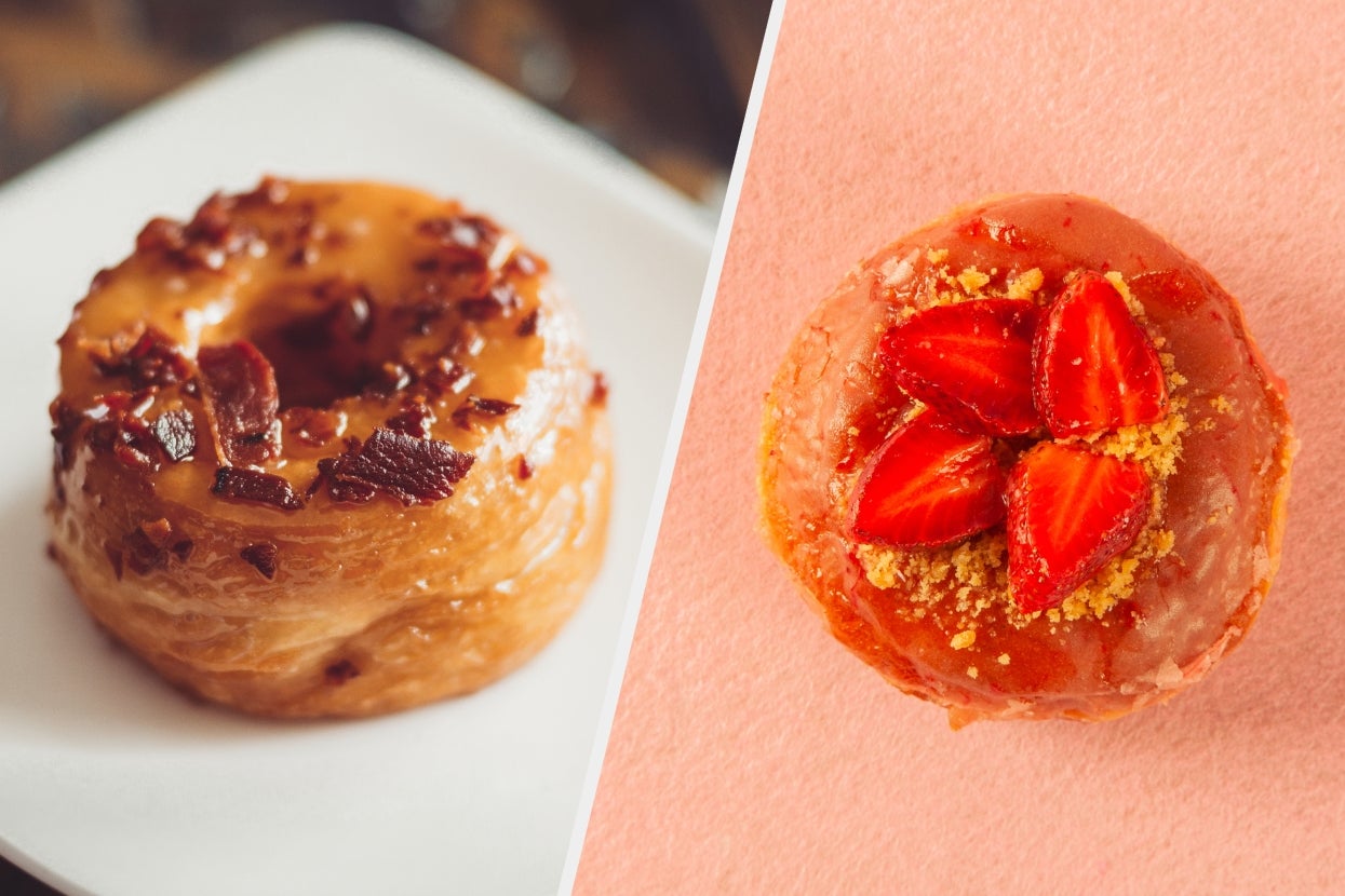 Two pastries: one with bacon bits on top, the other with sliced strawberries and crumbs