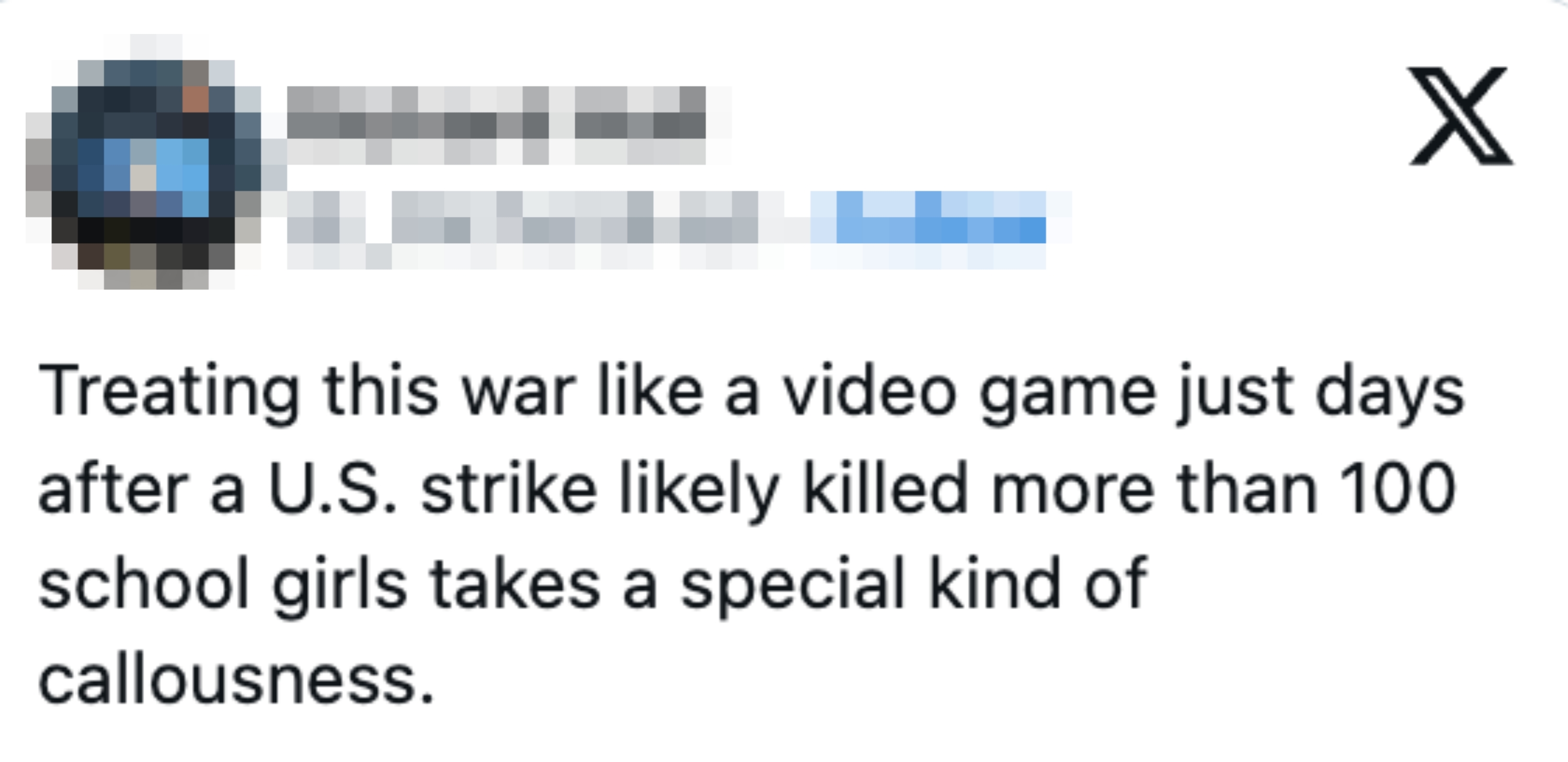 Screenshot of a tweet by Richard Hall criticizing the attraction    of warfare  similar  a video game, referencing a U.S. onslaught   reportedly sidesplitting  100 schoolgirls
