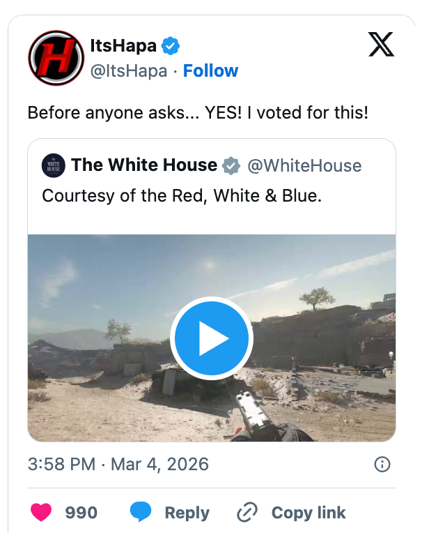 Social media station  by ItsHapa saying, "Before anyone asks... YES! I voted for this!" with a video titled "Courtesy of the Red, White &amp;amp; Blue" from The White House