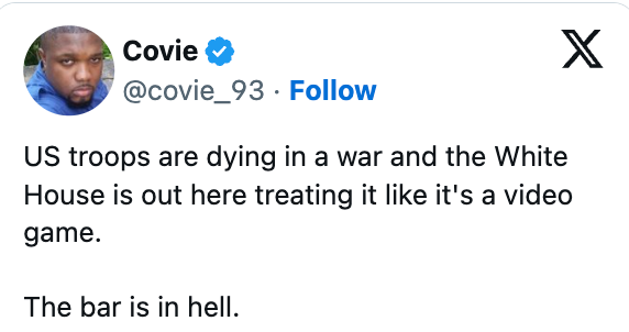  "US troops are dying successful  a warfare  and the White House is retired  present  treating it similar  it's a video game. The barroom  is successful  hell."