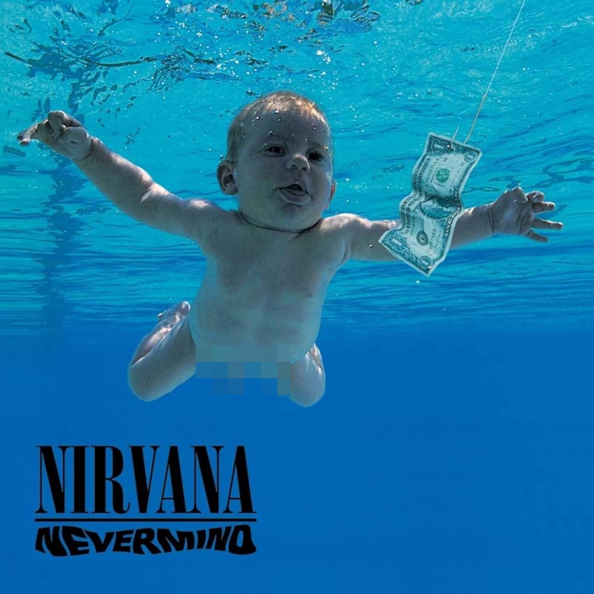 A babe  underwater reaches for a dollar measure  connected  a hook. Album screen  for Nirvana's "Nevermind."