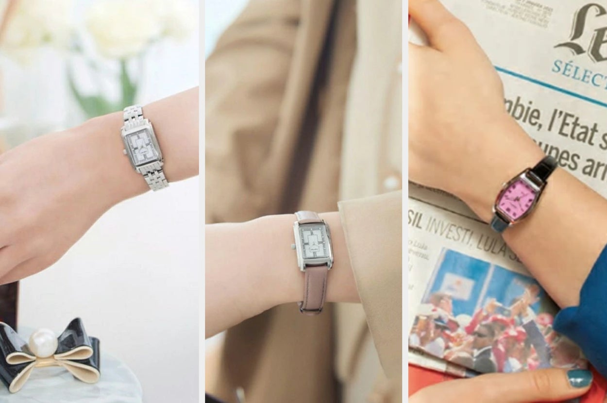 Angel Heart（エンジェルハート）の腕時計をはめた手が、化粧品が置かれたテーブルに触れようとしている。シックでエレガントな印象。