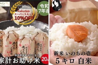 左側の画像：秋田県産あきたこまち20kg商品画像 右側の画像：新米いのちの壱5キロの商品画像