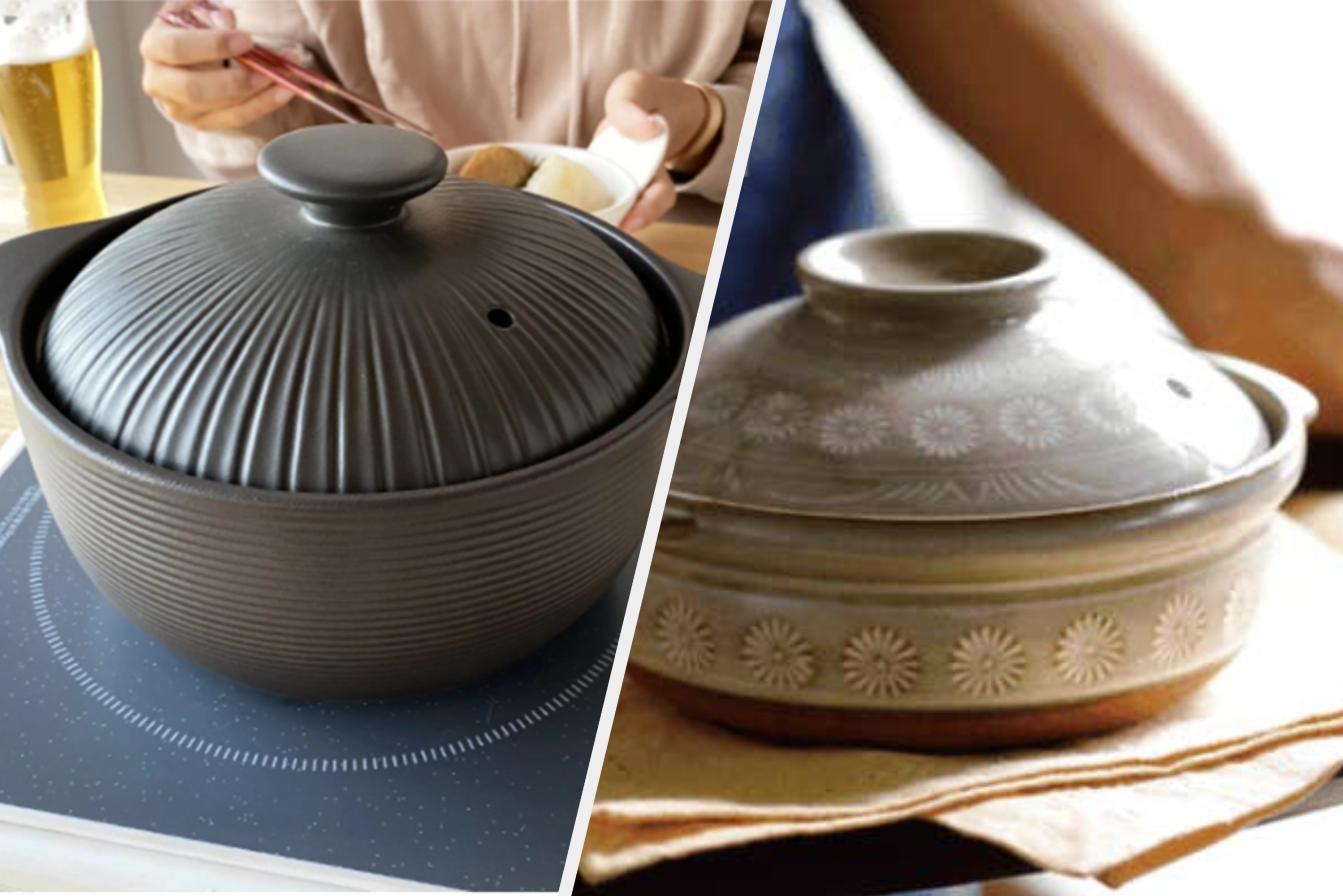 黒い土鍋がIHコンロの上に置かれ、背景に箸を使う人とグラスが見えます。